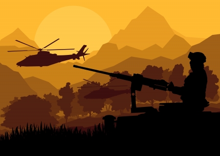 Army soldier with helicopters, guns and transportation in wild desert mountain nature landscape background illustration vectorのイラスト素材