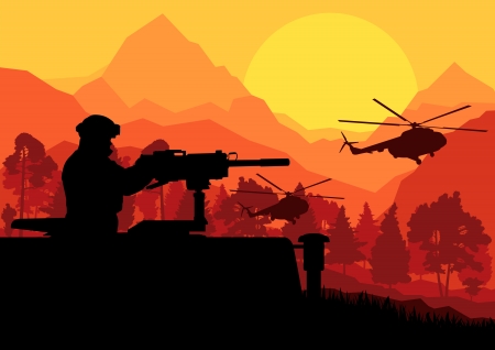 Army soldier with helicopters, guns and transportation in wild desert mountain nature landscape background illustration vectorのイラスト素材