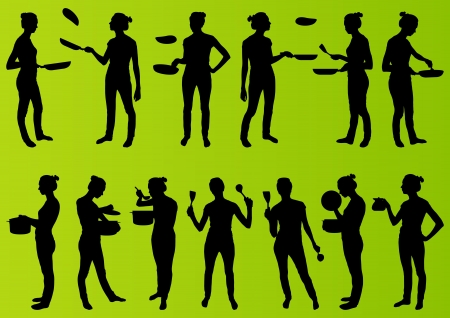 Woman cooking in kitchen big pancakes and other foods in detailed illustration background vectorのイラスト素材