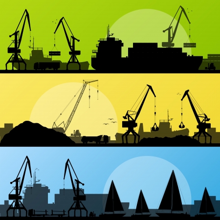 Industrial harbor, ships, transportation and crane seashore landscape silhouette illustration collection background vectorのイラスト素材