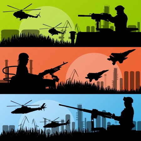 Army soldiers, planes, helicopters, guns and transportation in urban industrial factory landscape background illustration vectorのイラスト素材