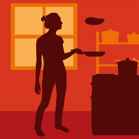 Cook woman or housewife in kitchen vector backgroundのイラスト素材
