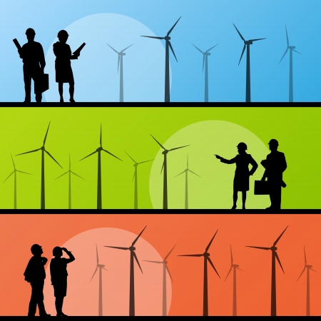 Wind electricity generators and windmills with men and women engineers in landscape ecology illustration background vectorのイラスト素材