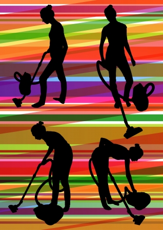 Woman maid with vacuum cleaner and carpet sweeper cleaning rug floor in colorful illustration background vectorのイラスト素材