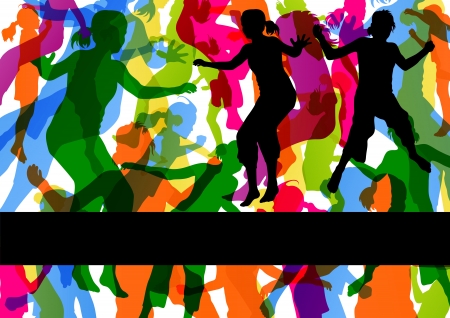 Wild colorful children jumping silhouettes with animal footprints in abstract background illustration vectorのイラスト素材