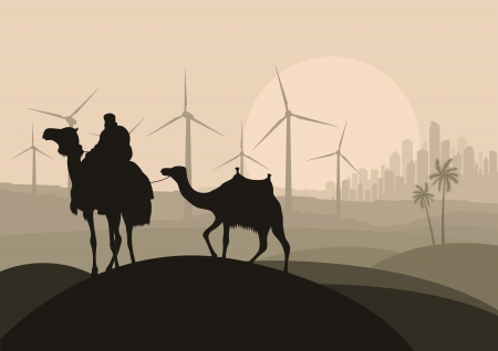 Wind electricity generators, windmills and camel caravan in arabic desert skyscraper city landscape ecology illustration background vectorのイラスト素材