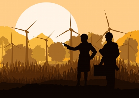 Wind electricity generators and windmills with men and women engineers in mountain forest nature landscape ecology illustration background vectorのイラスト素材