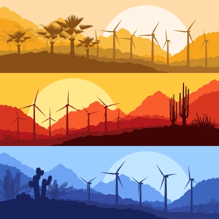 Wind electricity generators, windmills in desert palm tree and cactus plants mountain landscape ecology illustration background vectorのイラスト素材