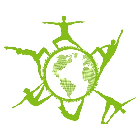 Women gymnastics and fitness gym silhouettes round the world vector ecology conceptのイラスト素材