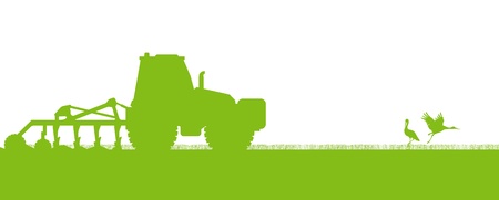 Agriculture tractors plowing the land in cultivated country fields ecology vector conceptのイラスト素材
