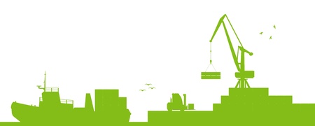 Industrial harbor, ships, transportation and crane seashore ecology concept vectorのイラスト素材