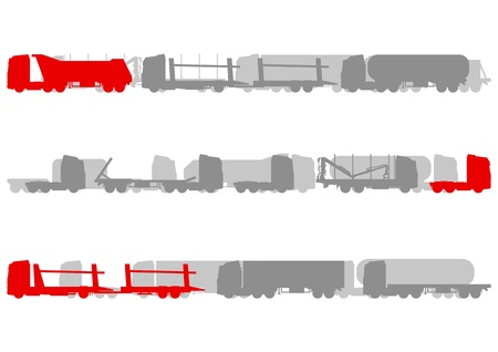 Highway roadway landscape and fast heavy duty trucks logistics detailed silhouettes illustration collection background vectorのイラスト素材