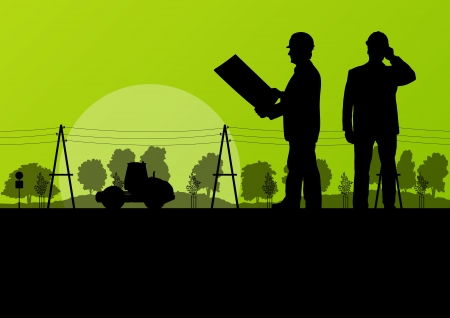 Excavator loader and workers digging at construction site with raised bucket vector backgroundのイラスト素材