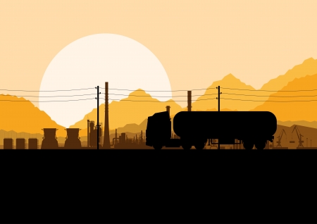 Industrial oil refinery factory and gasoline truck cistern tank landscape background illustration vectorのイラスト素材