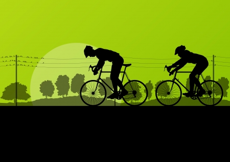 Sport road bike riders and bicycles detailed silhouettes in country side wild forest nature landscape background illustration vectorのイラスト素材