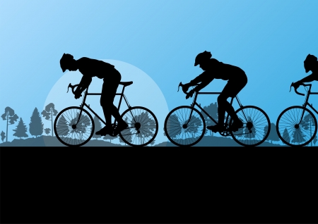 Sport road bike riders and bicycles detailed silhouettes in country side wild forest nature landscape background illustration vectorのイラスト素材