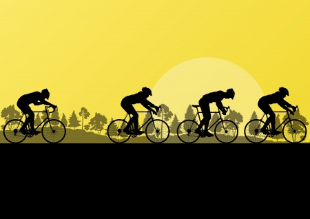 Sport road bike riders and bicycles detailed silhouettes in country wild forest nature landscape background illustration vectorのイラスト素材