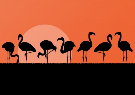 Flamingo silhuettes in sunset landscape illustration background vectorのイラスト素材