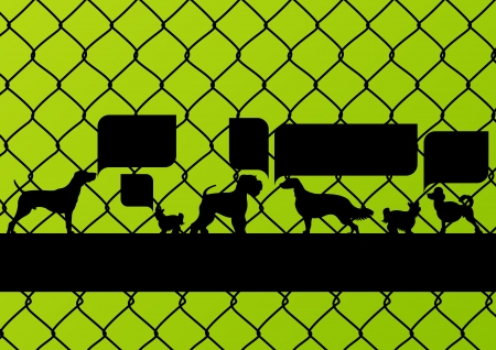 Imprisoned dogs behind wire mesh fence with speech bubbles illustration background vectorのイラスト素材