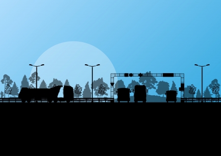Highway roadway landscape and heavy duty trucks in detailed forest nature background illustration vectorのイラスト素材