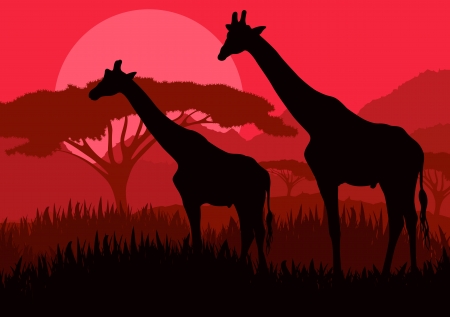 Giraffe family silhouettes in Africa wild nature mountain landscape background illustration vectorのイラスト素材