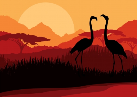 Flamingo couple in Africa wild nature mountain landscape background illustration vectorのイラスト素材