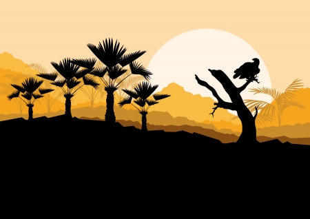 Desert wild nature landscape with cactus, palm tree plants and vulture bird in illustration background vectorのイラスト素材