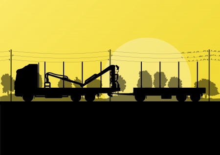 Forestry loggers truck on highway in countryside forest nature landscape illustration background vectorのイラスト素材