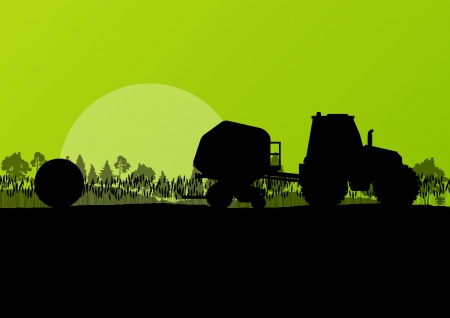 Agriculture tractor making hay bales in cultivated countryside fields landscape background illustration vectorのイラスト素材