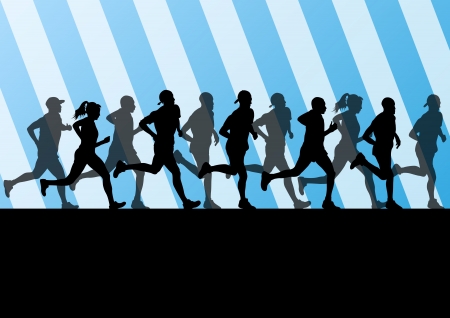 Man and women marathon runners silhouettes in sport stadium landscape background illustration vectorのイラスト素材