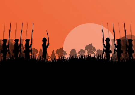 Vintage old civil war battle field warfare soldier troops and guns detailed silhouettes illustration landscape in countryside forest field background vectorのイラスト素材