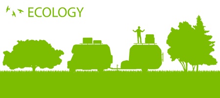 Ecology camping trailer green vector background card concept posterのイラスト素材