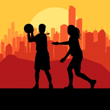 Women basketball in front of city sunset vector backgroundのイラスト素材