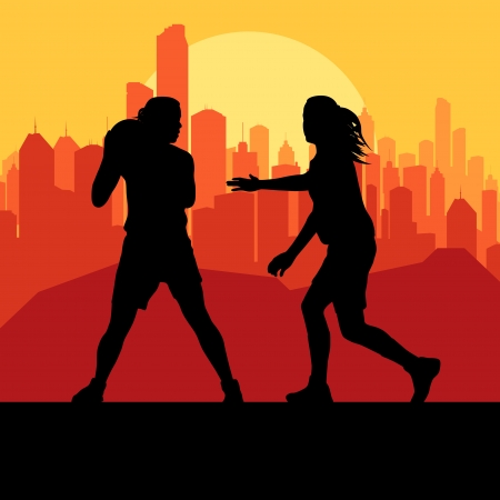 Women basketball in front of city sunset vector backgroundのイラスト素材