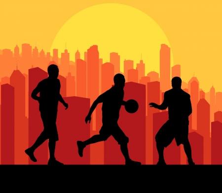 Basketball players in front of city sunset vector background conceptのイラスト素材
