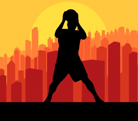 Basketball players in front of city sunset vector background conceptのイラスト素材