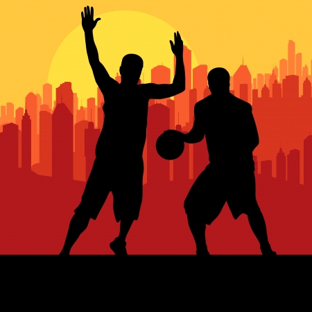 Basketball players in front of city sunset vector background conceptのイラスト素材