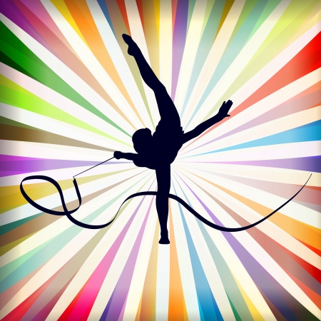Young women doing calisthenics art gymnastics sport tricks with ribbon in abstract background illustration vectorのイラスト素材