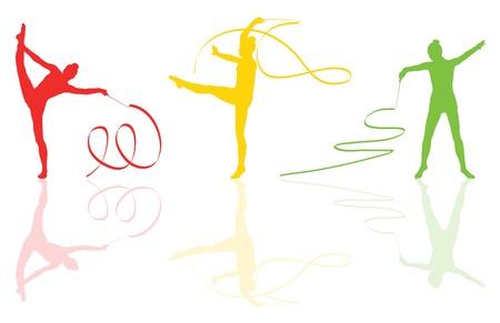 Young women doing calisthenics art gymnastics sport tricks with ribbon in abstract background illustration vectorのイラスト素材