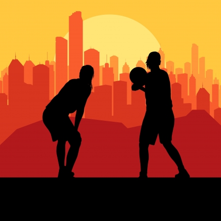 Men basketball in front of city sunset vector backgroundのイラスト素材