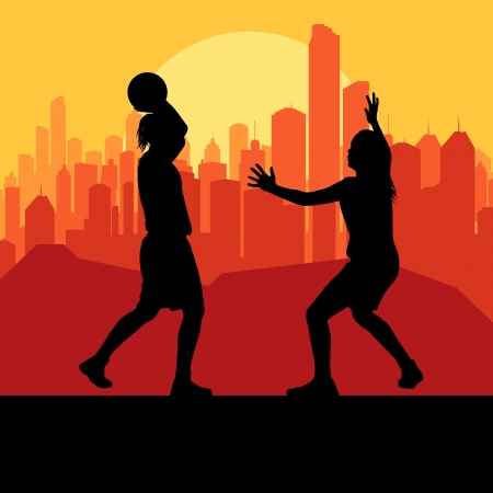 Women basketball in front of city sunset vector backgroundのイラスト素材