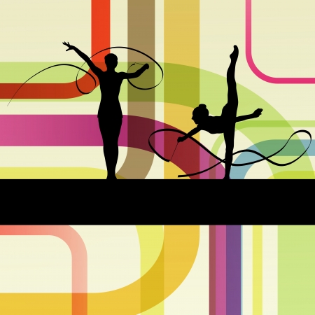 Young women doing calisthenics art gymnastics sport tricks with ribbon in abstract background illustration vectorのイラスト素材