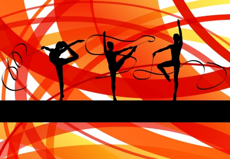 Young women doing calisthenics art gymnastics sport tricks with ribbon in abstract background illustration vectorのイラスト素材