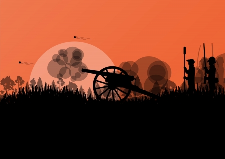 Old civil war battle field warfare soldier troops and artillery cannon guns detailed silhouettes illustration background vectorのイラスト素材