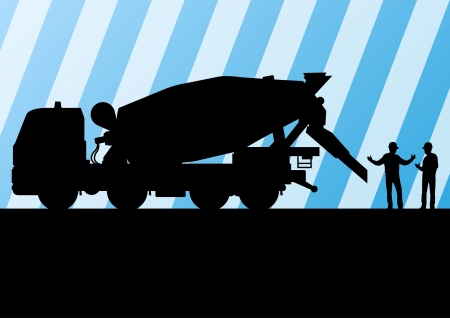 Heavy duty concrete making trucks and tractors in highway roadway construction site landscape illustration background vectorのイラスト素材