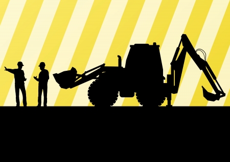 Excavator tractors detailed silhouettes illustration in construction site mining background vectorのイラスト素材