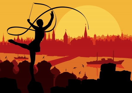 Young women doing calisthenics art gymnastics sport tricks with ribbon in abstract background illustration vectorのイラスト素材