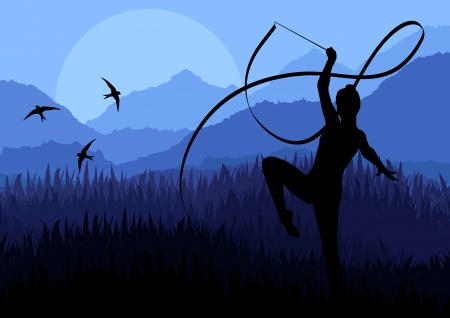 Young women doing calisthenics art gymnastics sport tricks with ribbon in abstract background illustration vectorのイラスト素材