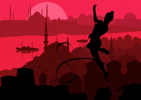 Young women doing calisthenics art gymnastics sport tricks with ribbon in abstract background illustration vectorのイラスト素材