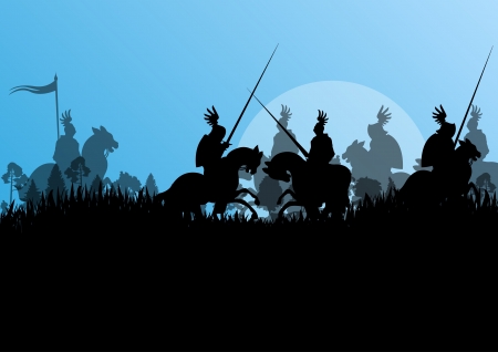 Medieval knight horseman silhouettes riding in battle field warfare illustration background vectorのイラスト素材